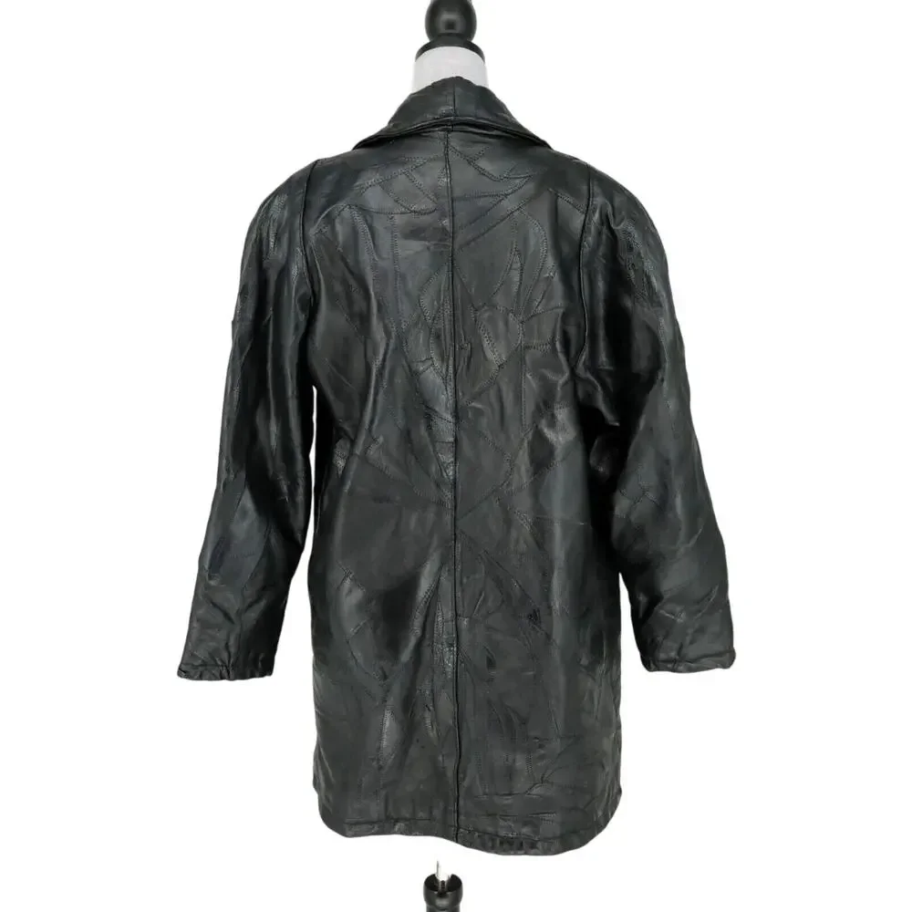 Navarre Leather Coat Jacket Womens Medium Black Lined Patchwork Look Outdoor